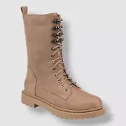 Journee Collection Women's Beige Cadee Lace-Up Combat Boots Shoe Size 6.5