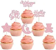 24 Pack Cupcake Toppers, Glitter Hello Baby Moon Baby Cute Cartoon Cupcake Toppers for Boys and Girl Birthday Theme Party Cake Decorations Supplies. (Girl)