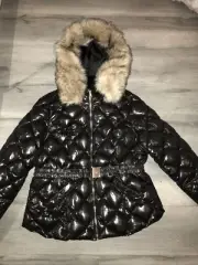 Ladies Size 18 Plus River Island Black Belted Puffer Jacket Coat Faux Fur Hood,,