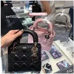 原廠全新正品DIOR 迪奧 經典款 粉色/黑色 黛妃包 羊皮革 三格 鏈條 手提包 側背包/肩背包 兩用包