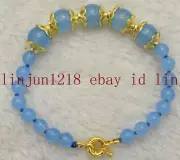 Beauful 6mm+10mm Natural Blue Chalcedony Round Gemstone Bracelet 7.5''