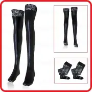 BLACK LACE LATEX /RUBBER METALLIC WET LOOK ZENTAI LONG STOCKINGS TIGHTS