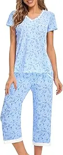 [JRYNOEU] Two Piece Outfits Womens Pajamas Short Sleeve Sleepwear Tops and Capri Pants Pjs Print Pajama Sets