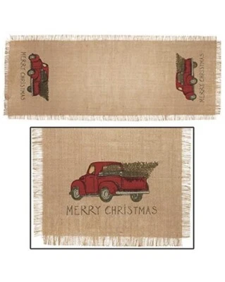 Red Truck Christmas Country Burlap Table Runner 36" - Farmhouse / Primitive