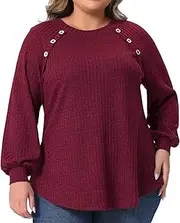 [Agnes Orinda] Plus Size Tops for Women Casual Long Sleeve Crew Neck Button Decoration Ribbed Knit Pullover Blouses