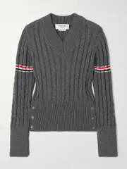 [Thom Browne] Thom Browne - Striped Cable-knit Wool Sweater - Gray - IT38 IT 38 Gray