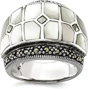 [JewelryWeb] 925 Sterling Silver Textured Polished Marcasite and Simulated Mother of Pearl Ring Band Style-Ring for Women