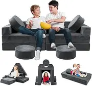 HOMFINE 16pcs Modular Kids Play Couch, Kids Toddler Couch, Child Sectional Sofa, Versatile Kid Sofa for Playroom Bedroom, Convertible Foam and Floor Cushion for Boys and Girls, Dark Grey