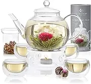 Teabloom Blooming Tea Set - Stovetop Safe Glass Teapot with 12 Flowering Teas, Tea Warmer, 4 Double Wall Teacups & Removable Glass Infuser for Loose Leaf Tea - Complete Flowering Tea Gift Set