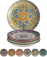 Euisail Salad Plate Set of 6, 8.5 Inch Dinner Plates for Salad, Pasta, Dessert,Steak, Appetizers Colorful Bohemian Style Dishes for Kitchen