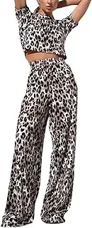 [RISCUYY] Cheetah Print Outfit for Women Comfy Short Sleeve Top and Pants 2 Piece Lounge Sets for Women 2025