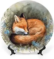 Bone China Decorative Plate Ceramic Dinner Plates A Sleeping Fox Ceramic Decorative Plate with Display Stand Art Crafts Ceramic Ornaments for Wall Hanging Decor 10inch