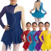 iiniim Girls Long Sleeve Skating Dance Dress Patchwork Hollow Back Dancewear