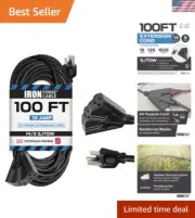 Oil Resistant 3 Outlet Heavy Duty Extension Cord 100 ft, SJTOW 14 Gauge Black...