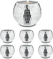 Quaocens 6 PCS Disco Ball Silver Votive Candle Holders,Glass Mirror Candle Holder Disco Ball Candle Holder Discos Balls Candle Vase Can Be Used for Wedding,Dining Table,Party Discos Decoration