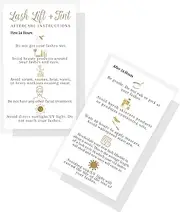 Lash Lift + Tint Aftercare Instruction Cards | 50 Pack | 2x3.5” inches Business Card Size | Eyelash Lift and Tint Kit at Home DIY | White with Non-Metallic Gold Color Design