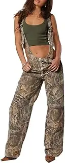 [Molilove] Women's Cargo Denim Jumpsuit Wide Leg Baggy Stretch Casual Jean Overalls Romper Bib Loose Cargo Pants Overall