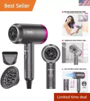 1600W Ionic Blow Dryer - Lightweight & Portable Hairdryer with 3 Heat Settings