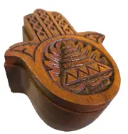 Hand Carved Wood Box Hamsa Shape Design BOHO Fatima 6" Indonesia