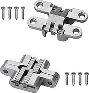 2 Pack 2.36 in Hidden Hinge Invisible Concealed Cross Hinges 180 Degree Folding Door Cross Zinc Alloy Hidden Hinges Swing Invisible Hinge for Cabinet, Cupboard,Wooden Box,with Screws-S5