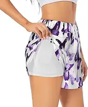 [KoNsev] White Purple Butterflies Women's Shorts Quick Dry Athletic Shorts for Camping Travel Golf with Zipper Pockets