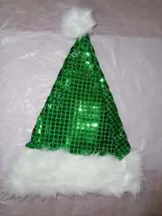 Santa Green Sequins Hat w/white Fur trim & Pom Pom. Standard Size. 16 X 12".