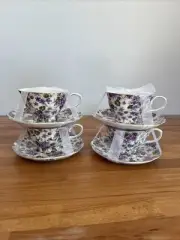 Elegance Tea Cup & Saucer Set Purple Floral Print Matching Teacup & Plate Set 4