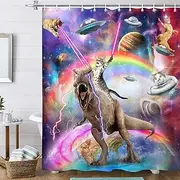 [Uokiuki] Funny Cat Shower Curtain Boys Kids Bathroom Decor, Cool Riding Dinosaur On Fantasy Galaxy Hilarious Curtain, Funky Outer Space Universe Anime Fabric with 12PCS Hooks, 70X70IN