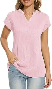 [Anelune] Tops Women's Summer Short Sleeve Textured Tops Casual V Neck Shirts Waves Ladies Tops Casual Blouses