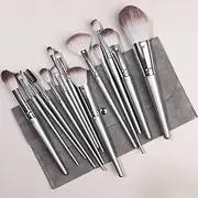 Makeup Brush Set 12 Pcs Premium Synthetic Foundation Powder Concealers Eye shadows Blush silvery Makeup Brushes with Dark Grey Storage Bag