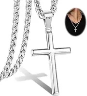 [Kakonia] 925 Sterling Silver Cross Necklace Beveled Edge for Men Women 5mm Stainless Steel Diamond Cut Durable Cuban Link Curb Chain Crucifix Pendant Necklace Jewelry