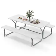 Costway Picnic Table Bench Set 8-Person Outdoor Dining Table All-weather Camping Table Set HDPE White