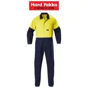 Hard Yakka Hi-Vis 2 Tone Work Phone Cotton Drill Coverall Overalls Y00270