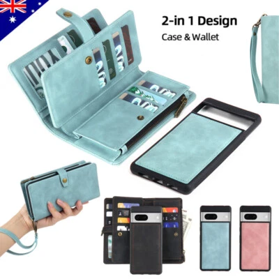 For Google Pixel 8 7 Pro 6A Detachable Wallet Case Magnetic Leather Zipper Cover