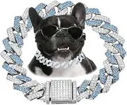 Blue Dog Chain, Diamond Cuba Link Dog Collar Metal Dog Necklace Cat Chains Pet Crystal Collars Jewelry for Small Medium Large Dogs Cats, 12-inch