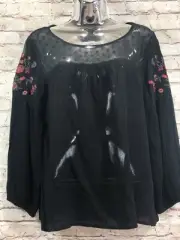 Skies Are Blue size S peasant tunic top long sleeve black floral embroidered