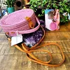 Bali Pink Rattan Hand Woven Round CrossBody Bag Leather Strap by Sirena Tosh