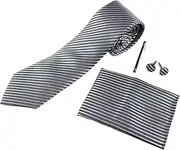 [Zasel] Mens Gunmetal & Silver Striped Matching Neck Tie, Pocket Square, Cuff Links And Tie Clip Set Silver, Gundmetal, Black
