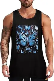 [NQHJT] Men Tank Tops Blue Butterfly Sleeveless T Shirts for Men's Fitness Quick Dry Gym Tank Top for Men