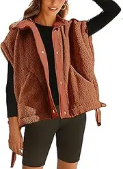 [Nicfazy] Fleece Vest for Women Sleeveless Button Up Fuzzy Sherpa Jacket Casual Warm Waistcoat Vest with Pockets