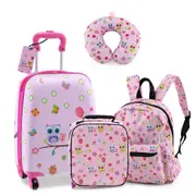 Babyjoy 5PCS Kids Luggage Set Rolling Suitcase & Backpack & Neck Pillow & Insulated Lunch Bag w/Tag Aluminium Handle Owl