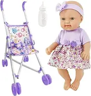 Doll Strollers Toy for Girls,10Inches Foldable Nursery Doll Set Doll Stroller - Realistic Doll Playset Pretend Stroller Toy Set with Bottle for Girls