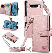[Furiet] Wallet Case for Google Pixel 8 Pro 5G Zipper Pocket Purse with Shoulder Wrist Strap PU Leather Flip Folio Kickstand Card Holder Phone Cover for Pixel8Pro Pixel8 XL Eight 8Pro Women Pink
