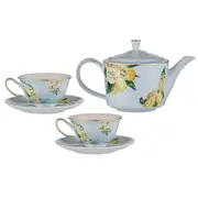 Ashdene Citrus Blooms Infuser Teapot/Teacup & Saucer New Bone Set Blue/Lemon
