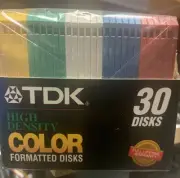 NEW TDK High Density 3.5 IBM/DOS Formatted Color Floppy Disks 30 Pack Sealed