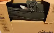 New Mens 12 Clarks Genuine Leather Trapper Moc Slippers Black Indoor Outdoor