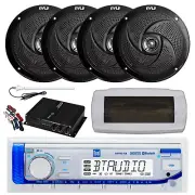 Dual Bluetooth Marine Radio, Cover, Antenna,Amp w/Kit, 4x 6'' 240W Black Speaker