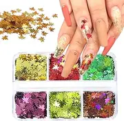 Maple Leaf 3D Holographic Fall Leaves Glitter Sequins - 6 Grids Green Red Autumn Flakes for Nail Art, Acrylic Nails Decorations, DIY Crafts