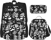 Black White Striped Flowers Backpack With Lunch Box And Pencil Case 3 In,Kawaii Backpacks With Lunch Bag Matching Combo