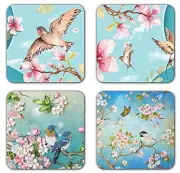 Square Coaster Set of Drink- Made of Polyester Beautiful Flowers and Birds